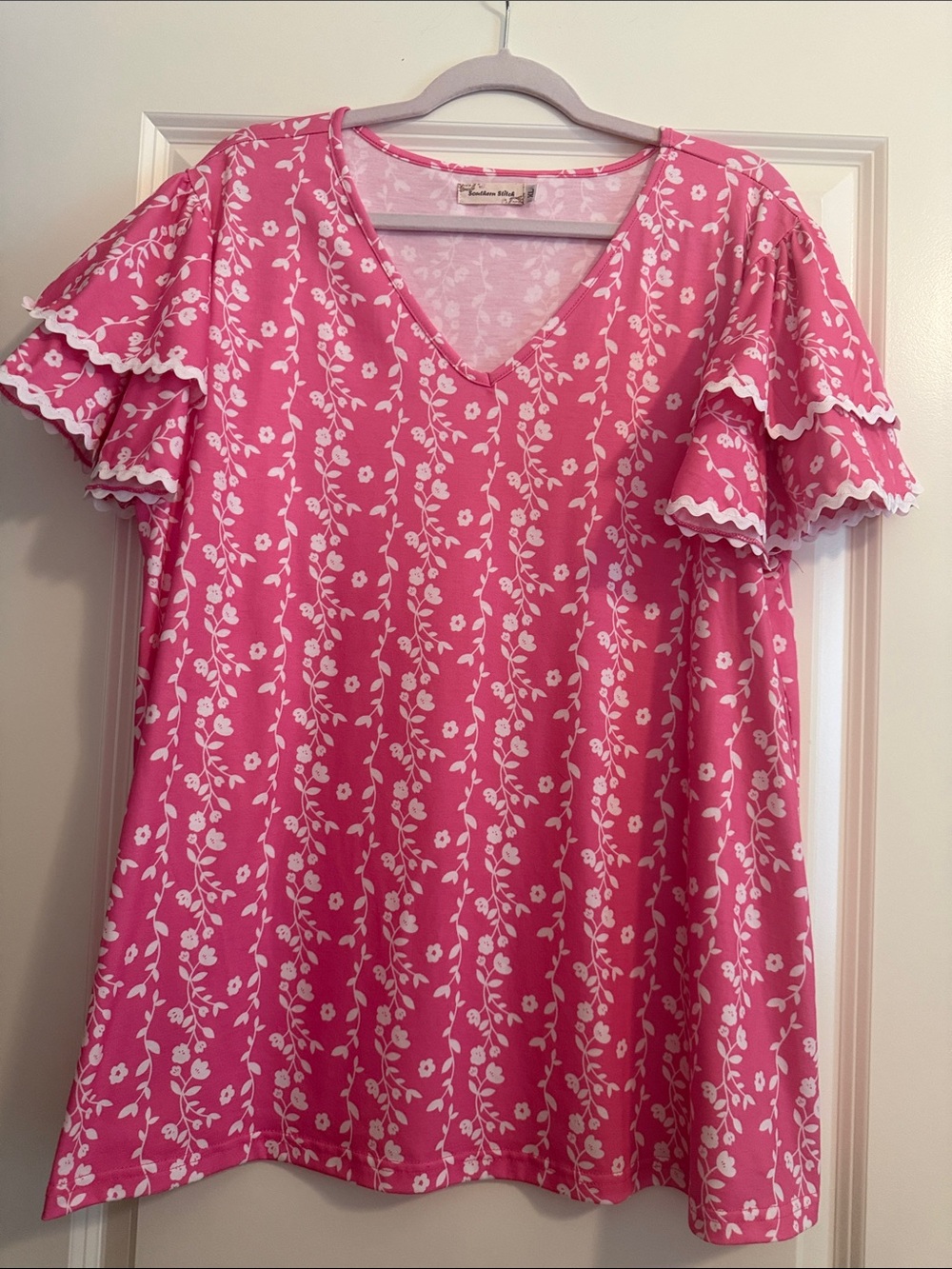 Southern Stitch Pink Floral Ruffle Sleeve Blouse